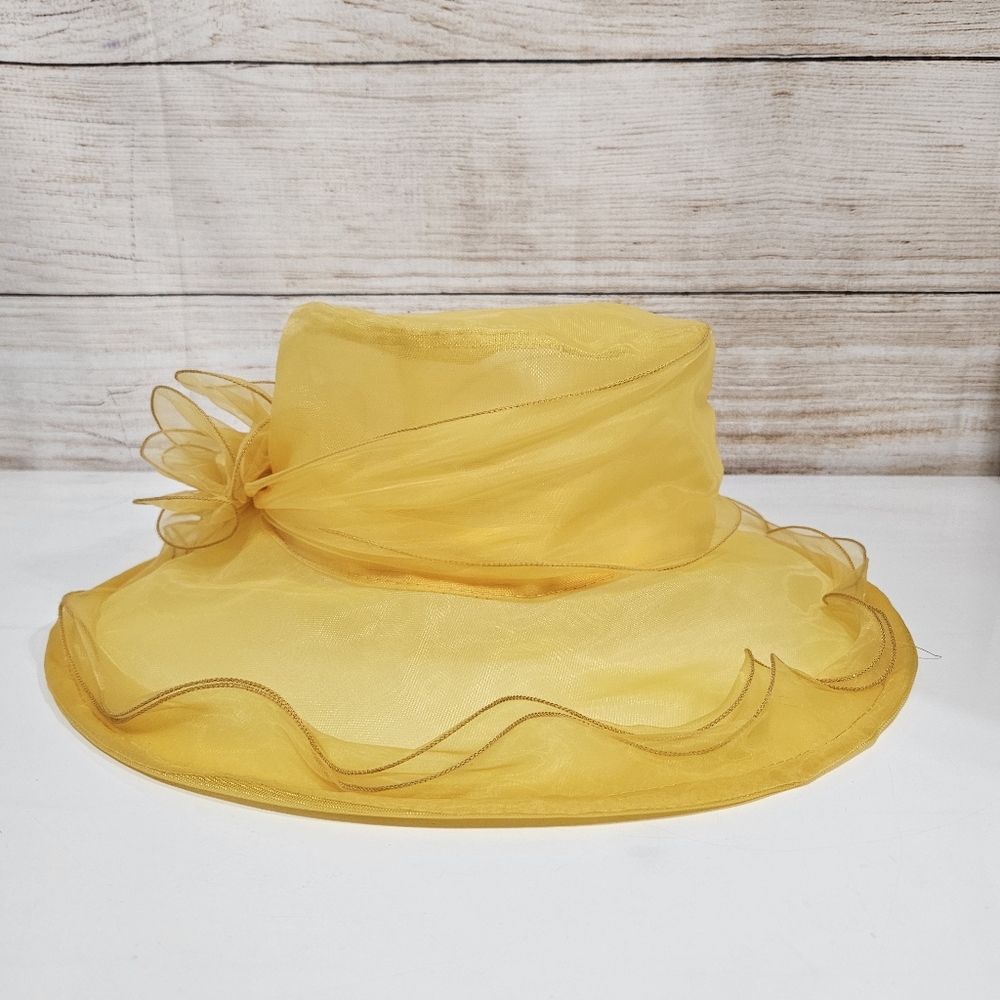 Yellow Organza Wide-Brim Women's Dress Hat - Picture 6 of 9